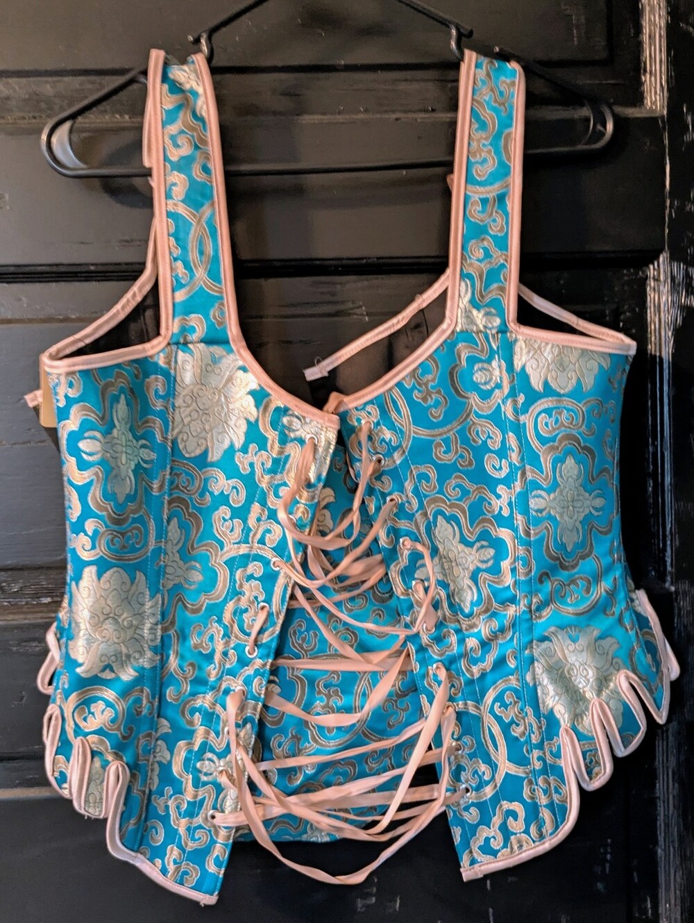 Embroidered Brocade Lace-Up Corset Top - Turquoise